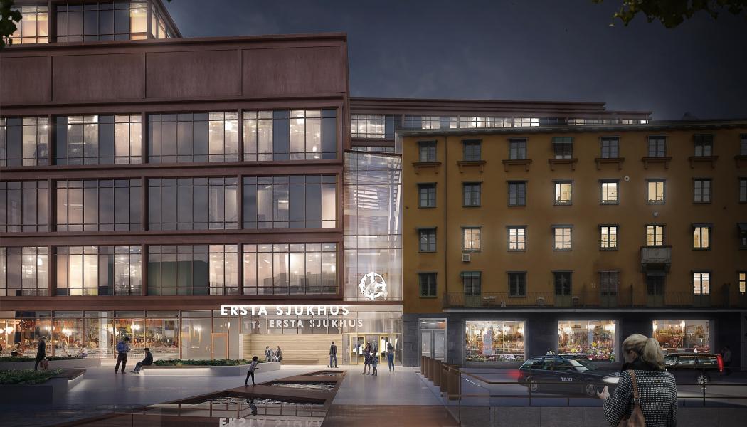  Ersta nya sjukhus byggs i anslutning till befintliga sjukvårdsbyggnader på Södermalm. Bild: Nyréns Arkitektkontor