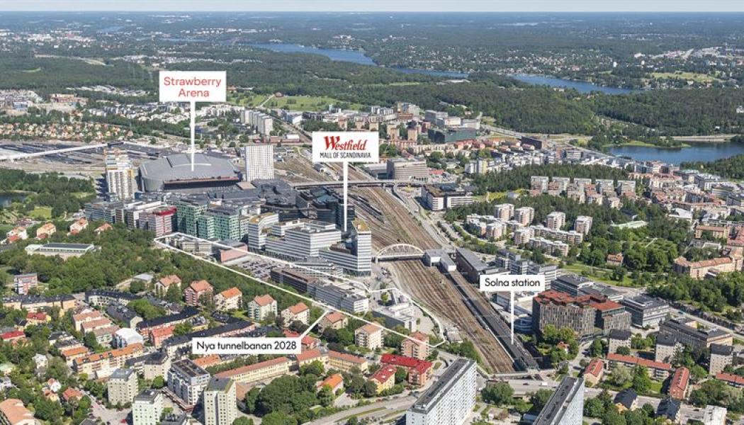 Nu påbörjas en ny satsning i Arenastaden i Solna, där Dalvägen utvecklas till en stadsgata med nya arbetsplatser, bostäder, restauranger, caféer och en ny tunnelbaneuppgång. Pressbild: Fabege