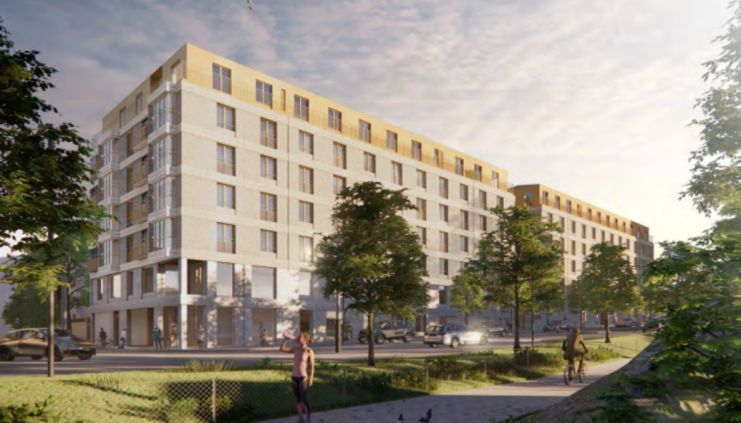 Vy från nordväst mot Huvudstagatan/Hannebergsgatan. Illustration: White arkitekter