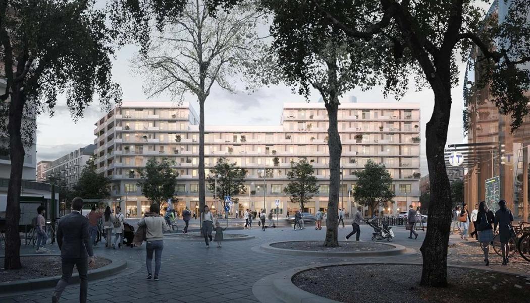Renderad bild över kvarter Atlas och Sveatorgets tunnelbaneuppgång, bild:Oevis.