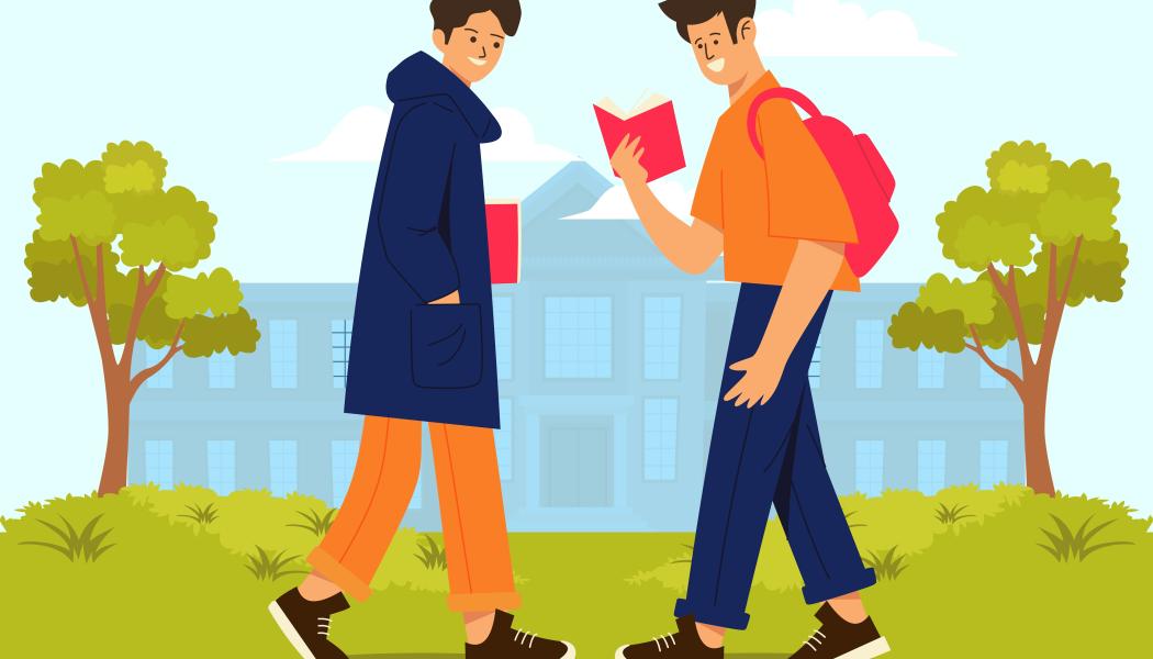 Illustration med skola och två som läser bok. Illustration av:  Irvan maulana