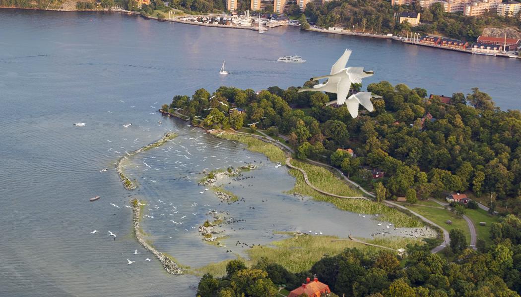 Illustration av isbladlagunen. Visualisering: Gaia Arkitektur, Flygfoto: Ola Ericson/Stockholmsfoto