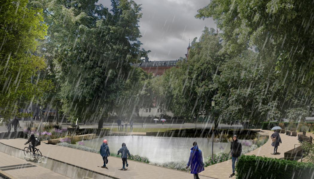 Visionsbild av den nya parken vid regnväder. Bild. Stockholms stad