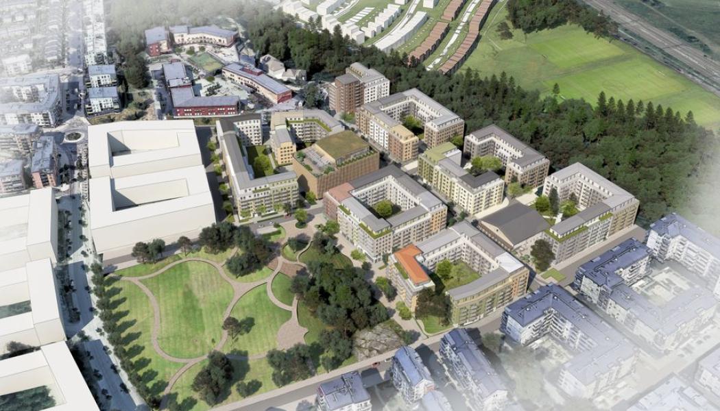 Flygvy över möjlig ny bebyggelse inom detaljplan för kvarteret Backklövern m.fl. (etapp 6) ÅWL Arkitekter