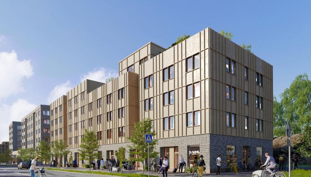 Moelven Byggmodul AB är totalentreprenör för projektet, som omfattar två kvarter med totalt 247 student- och forskarbostäder, en förskola och en idrottshall. Illustration: K2A