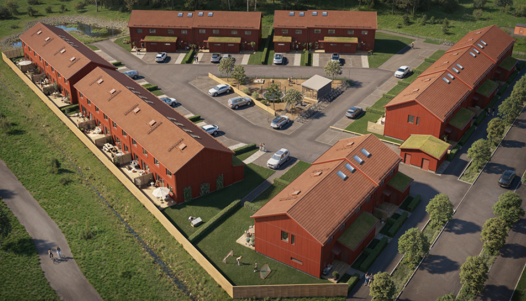 Bilden visar den föreslagna småhusbebyggelsen i form av radhus längs de tre sidorna av fastigheten, vilka ramar in den gemensamma gården. Pressbild: Järfälla kommun