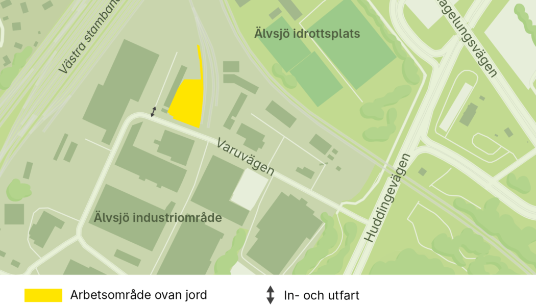 Etableringsområdet ligger intill Varuvägen i Älvsjö. Grafik: Region Stockholm