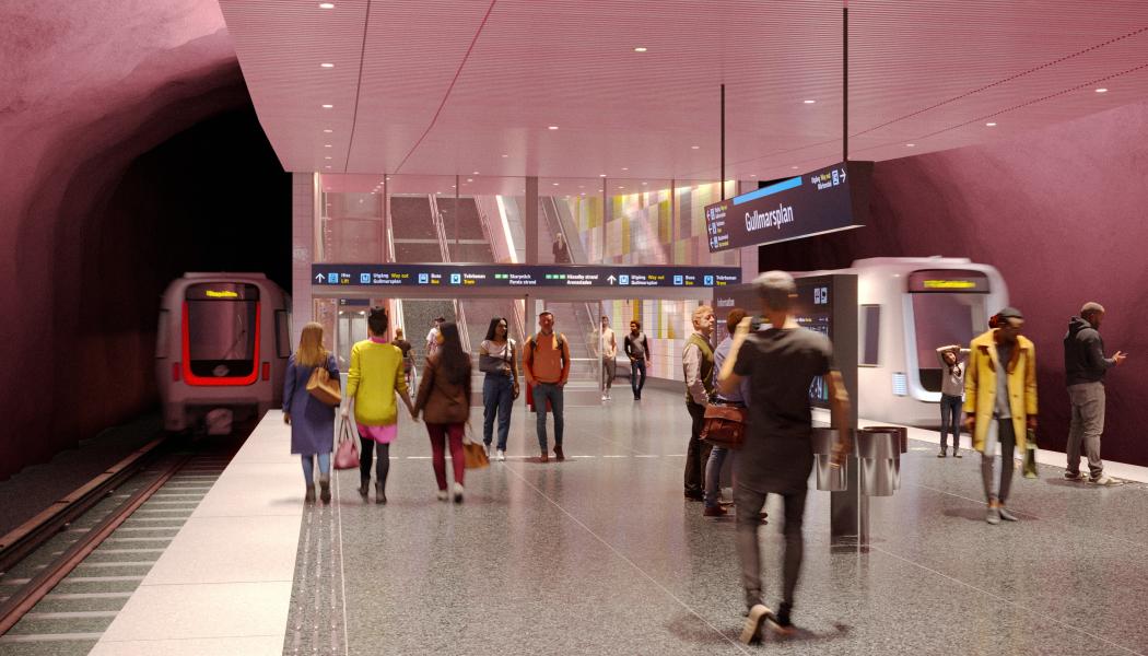 Visionsbild av station Gullmarsplans plattform för Blå linje. Visionsbild: Region Stockholm/Sweco