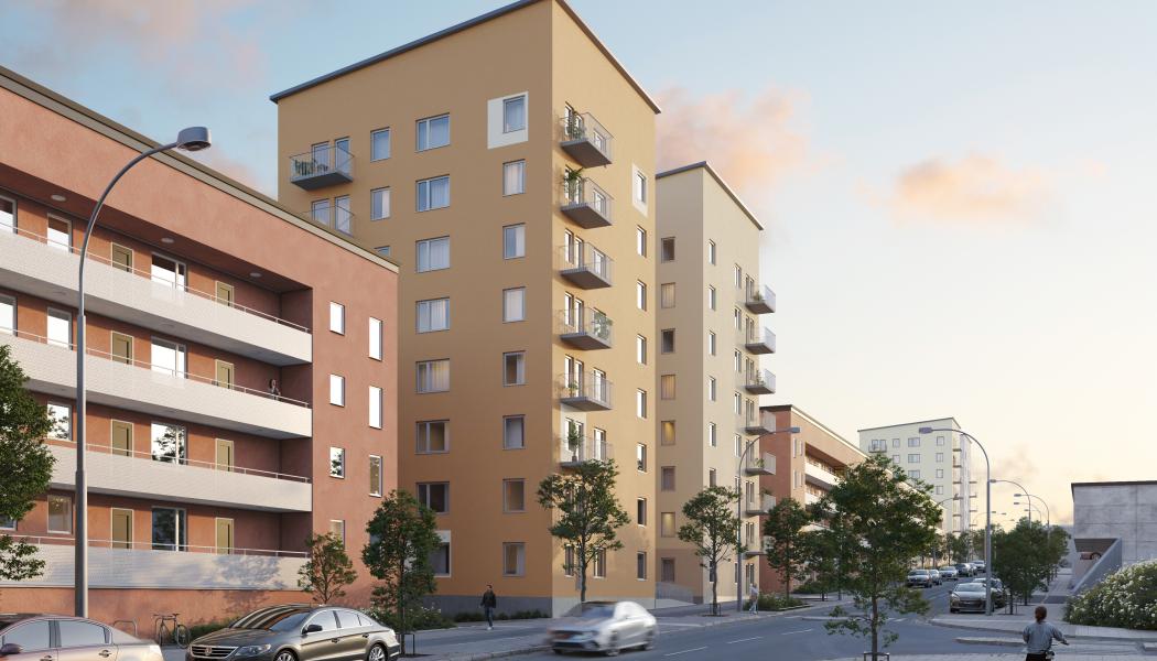 Det ska byggas fyra punkthus med totalt 92 lägenheter och två lokaler i Rinkeby, Stockholm. Pressbild: Lindbäcks