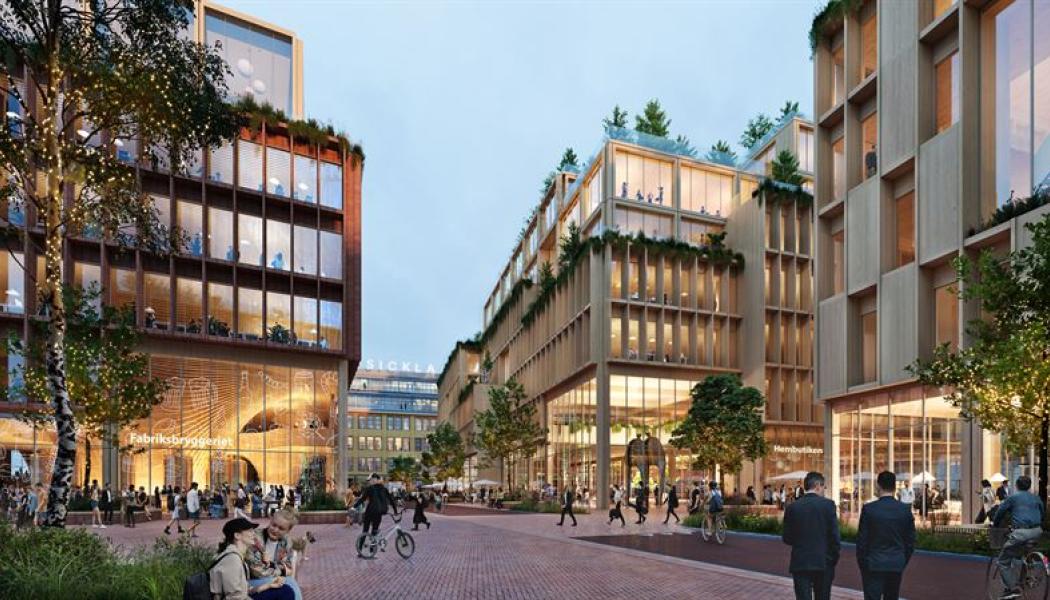 Hållbar stadsutveckling i fokus: Brf Kulturarvet blir det första träbygget på Nobelberget, en del av det storskaliga Stockholm Wood City-projektet. Illustration: Atrium Ljungberg / Henning Larsen