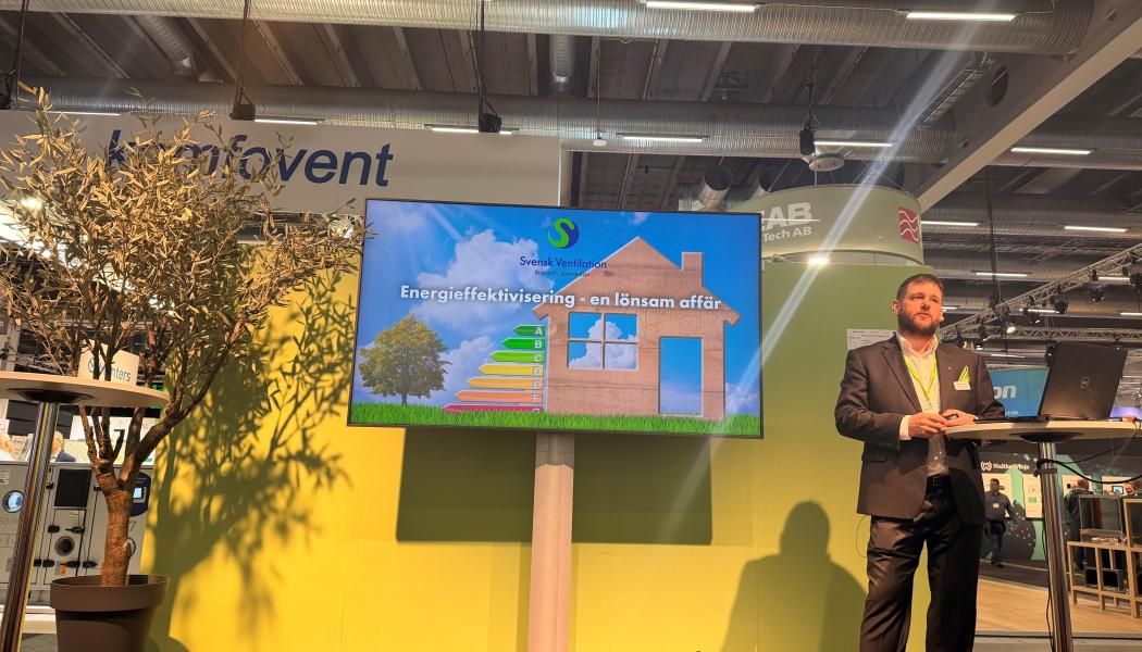 Svensk Ventilations teknik- och miljöchef Andreas Martinsson Björkdal talade på Nordbygg. Foto: Amanda Hardwick 