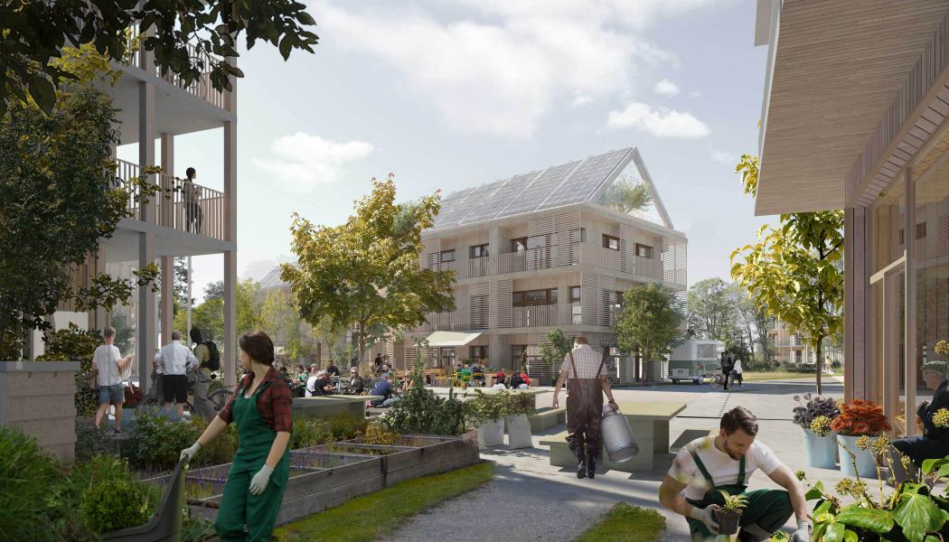 Visionsbild för hur ett energipositivt område kan se ut. Illustration: White Arkitekter