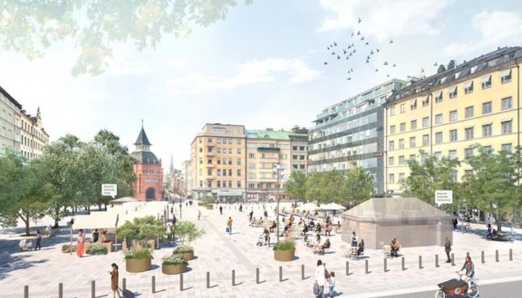 Visionsbild över Östermalmstorg efter upprustningen sett från Storgatan och Sibyllegatan. Illustration: Stockholms stad