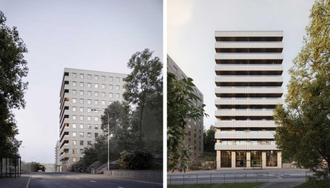 Till vänster visas byggnaden med den västra fasaden i fokus, delvis integrerad i bergsslänten. Till höger syns byggnaden framifrån, sett från Mariedal och Karlbergssjön. Foto: Wallin