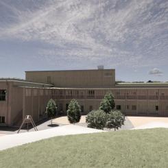 Bergfotens förskola i Tyresö, vy från gård. Pressbild: AIX Arkitekter