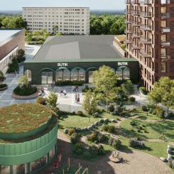 Visionsbild för nytt entrétorg vid Haninge Centrum. illustration av: Equator Arkitekter