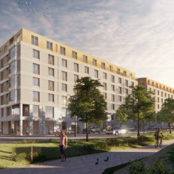 Vy från nordväst mot Huvudstagatan/Hannebergsgatan. Illustration: White arkitekter
