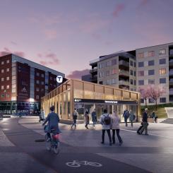 Den södra uppgången byggs i Luma. Här kommer resenärerna kunna byta till tvärbanan och bussar. Visionsbild: Region Stockholm/Sweco, Typsa
