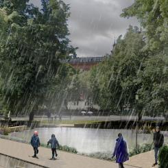 Visionsbild av den nya parken vid regnväder. Bild. Stockholms stad