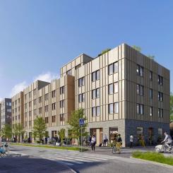 Moelven Byggmodul AB är totalentreprenör för projektet, som omfattar två kvarter med totalt 247 student- och forskarbostäder, en förskola och en idrottshall. Illustration: K2A