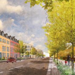 Visionsbild av hur det skulle kunna se ut längs Optimusvägen, i riktning mot Centralvägen.

Visionsbild: KOD Arkitekter