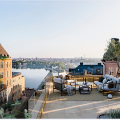 Wallin presenterar Ersta/25 som kännetecknas av elegans, exklusivitet och en genomarbetad design. Bostadshuset ligger på Erstagatan på Södermalm och har en svårslagen utsikt över Saltsjön. Bild: Wallin
