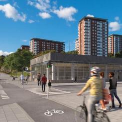 Bilden visar entré till station Sickla från korsningen Värmdövägen-Alphyddevägen. Bild: Region Stockholm/Sweco