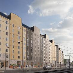 Illustration av Brunnberg och Forshed Arkitektkontor AB, över Karlsbodavägen där Utombordaren kommer att byggas.