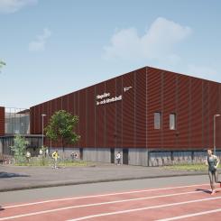 Visionsbild över Hagsätra is- och idrottshall. Bild: Metod arkitekter.