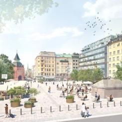 Visionsbild över Östermalmstorg efter upprustningen sett från Storgatan och Sibyllegatan. Illustration: Stockholms stad
