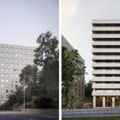 Till vänster visas byggnaden med den västra fasaden i fokus, delvis integrerad i bergsslänten. Till höger syns byggnaden framifrån, sett från Mariedal och Karlbergssjön. Foto: Wallin